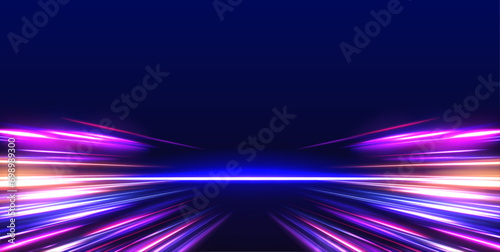 Vector speed of light in space on dark background. Abstract background in blue, yellow and orange neon colors. Magic of moving fast lines. Laser beams, horizontal light rays. Particle motion effect.	