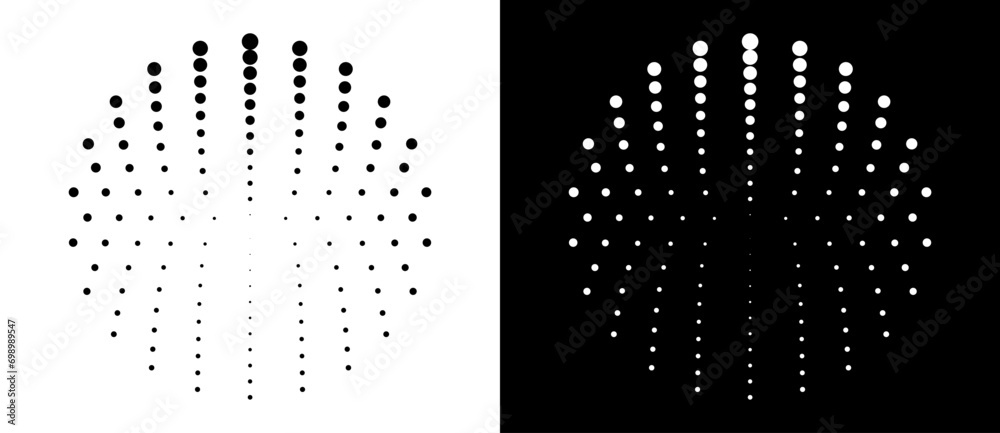 Modern abstract background. Halftone dots in circle form. Round logo, design element or icon. Vector dotted frame. A black figure on a white background and an equally white figure on the black side. - obrazy, fototapety, plakaty 