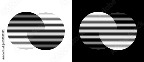 Transition in two circles with parallel lines. Abstract art geometric background for logo, icon, tattoo. Black shape on a white background and the same white shape on the black side. photo