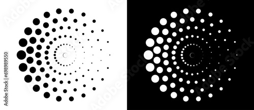 Modern abstract background. Halftone dots in circle form. Round logo, design element or icon. Vector dotted frame. A black figure on a white background and an equally white figure on the black side. photo