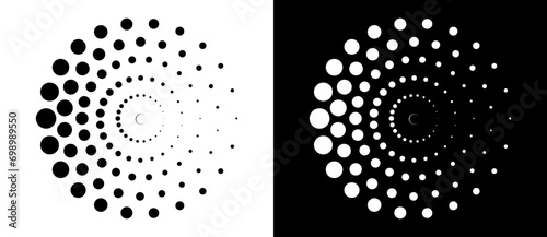 Modern abstract background. Halftone dots in circle form. Round logo, design element or icon. Vector dotted frame. A black figure on a white background and an equally white figure on the black side.