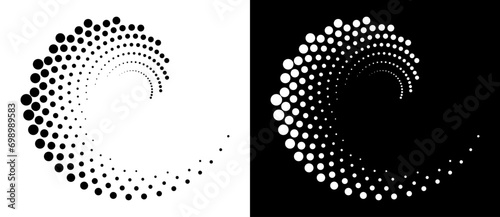 Modern abstract background. Halftone dots in circle form. Round logo, design element or icon. Vector dotted frame. A black figure on a white background and an equally white figure on the black side. photo