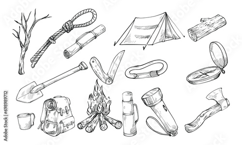 hiking equipment handdrawn collection
