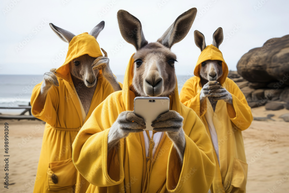 Three kangaroos in yellow robes on a beach with a phone.