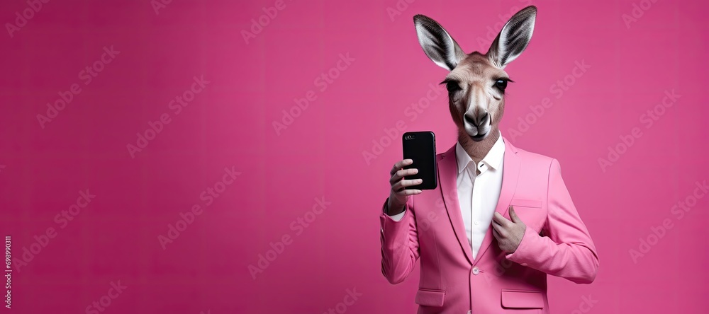 Fashionable anthropomorphic kangaroo in pink suit with phone.