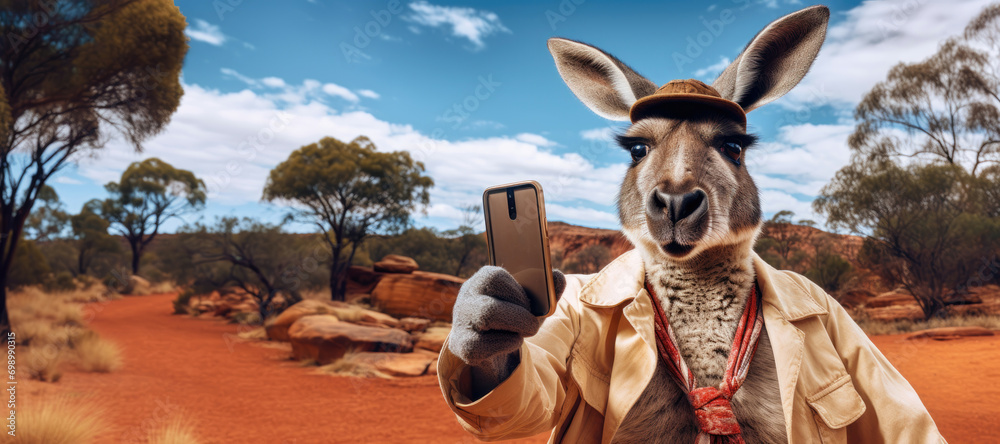 Kangaroo in a safari outfit taking a selfie in the desert.