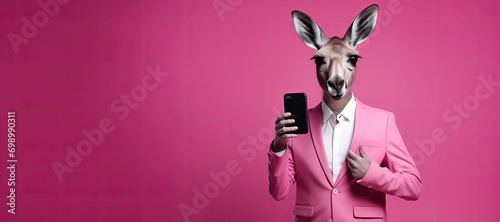 Fashionable anthropomorphic kangaroo in pink suit with phone.