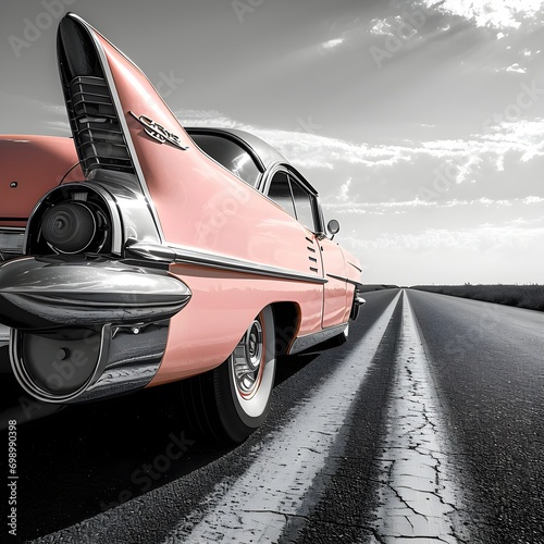 Classic Pink Cadillac with Distinctive Tail Fins photo