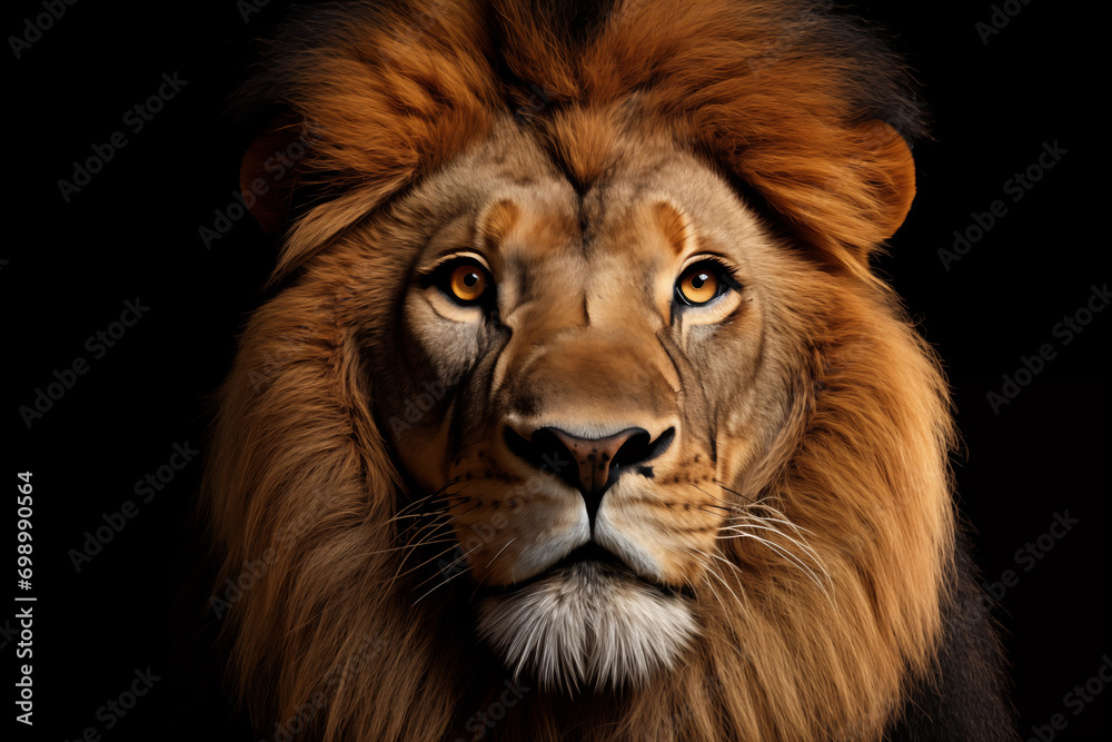 portrait of a male lion looking at the camera on black background