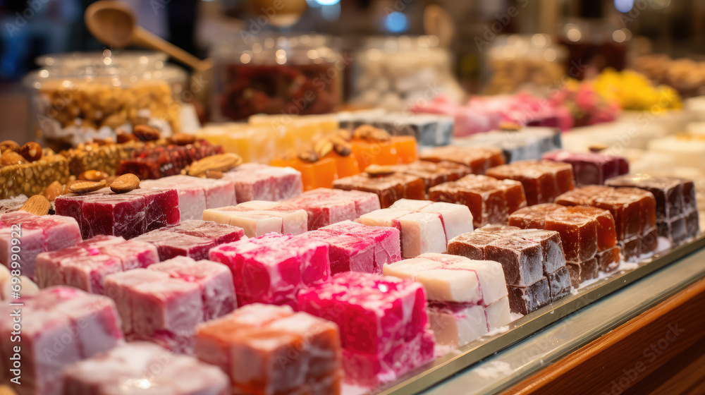 Assortment of Turkish Delight on the counter of a street bazaar. Traditional Turkish sweets, variety of colorful sugar rahat lukum, side view. Assortment of Turkish Delight on the counter of a street bazaar. Traditional Turkish sweets, variety of colorful sugar rahat lukum, side view.