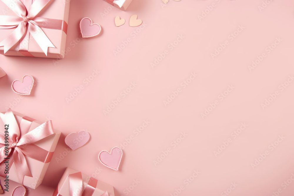 St. Valentines day composition, copyspace. Gift boxes with pink ribbons, hearts on pink background St. Valentines day composition, copyspace. Gift boxes with pink ribbons, hearts on pink background