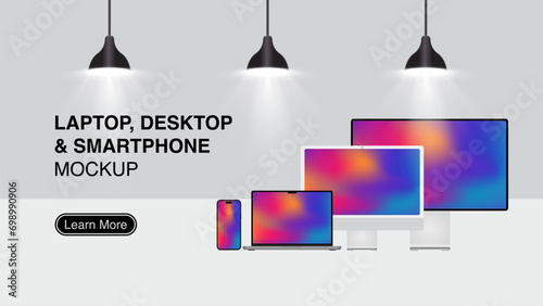Modern Laptop, Desktop Computer with Smartphone Front View Mockup website Banner, for UI/UX App and Website Presentation Vector Illustration.