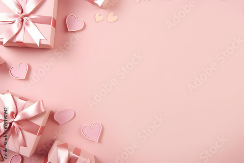 St. Valentines day composition, copyspace. Gift boxes with pink ribbons, hearts on pink background © Artem Zatsepilin