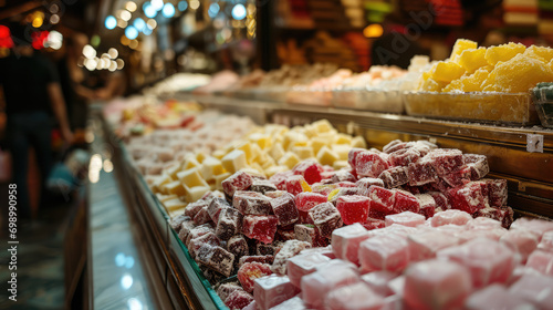 Assortment of Turkish Delight on the counter of a street bazaar. Traditional Turkish sweets, variety of colorful sugar rahat lukum, side view. photo
