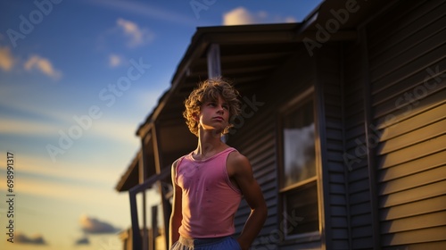 AI generated illustration of a young man standing in front of his house