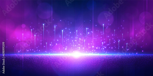 Digital technology futuristic Ai big data blue purple background, internet network connection, abstract cyber information communication, science innovation future tech, line dot illustration vector 3d