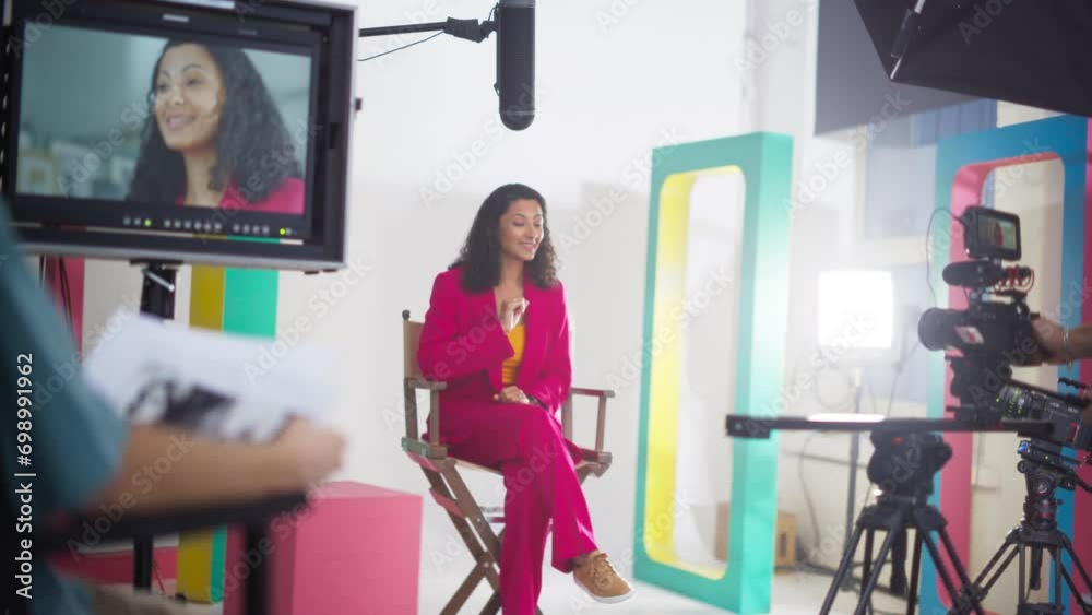 Portrait of Set Crew and Female TV Presenter Filming a Television Program Episode Using Modern Digital Camera. Team of Content Creators Making Educational Video to Post Online. Slow Motion
