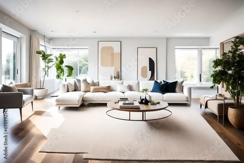 modern, minimal, and clean living room with a contemporary aesthetic. Envision a serene and inviting space with a clear and clutter-free atmosphere.