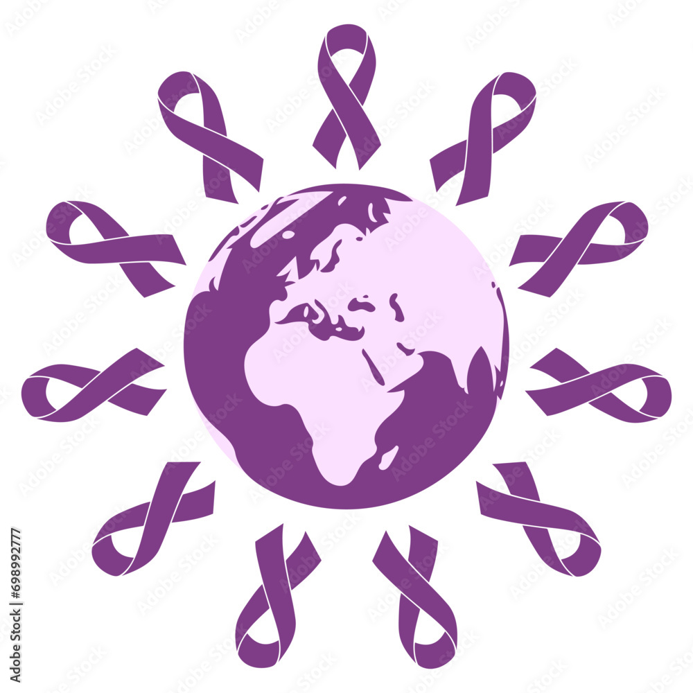 world cancer day, Cancer Awareness Concept With purple Color Ribbons, celebrating the lives of brave warriors ribbons around world world cancer day, Cancer Awareness Concept With purple Color Ribbons, celebrating the lives of brave warriors ribbons around world