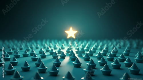 Stand out from the crowd and different creative idea concepts One glowing light star standing among other dim stars on green pastel color background with reflections and shadows 3D rendering photo