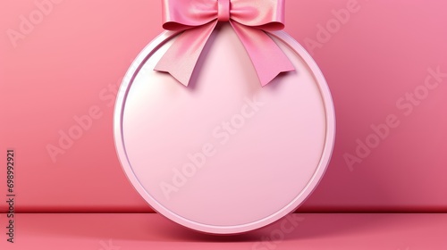 Blank round sign hanging with pink pastel color ribbon bow isolated on pink background minimal conceptual 3D rendering