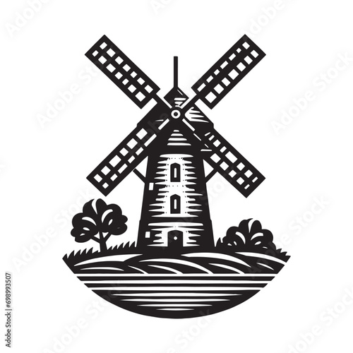 Mill emblem, logo. Vintage black engraving illustration. Monochrome vector icon. Isolated and cut out	