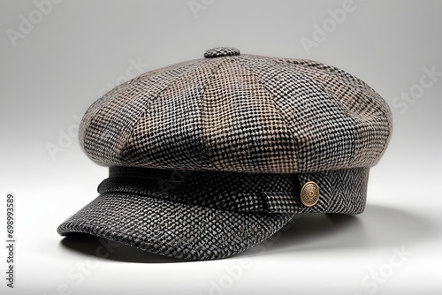 Portrait of a Newsboy Cap against white background, A casual cap with a rounded, full crown and a button on top, generative AI photo