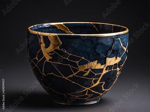 a potery cup isolated in dark, kintsugi photo