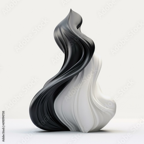A sleek black and white sculpture resembling a flowing wave  set against a gradient background. Generative AI.