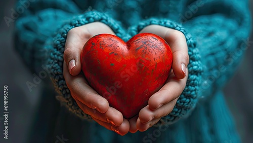 Cœur rouge rustique et brillant tenu entre 2 mains d'une femme pour la saint valentin
