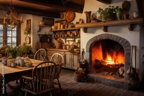 Interior of a rustic house with fireplace and dining table, A cozy country kitchen with a warm, inviting fireplace, AI Generated