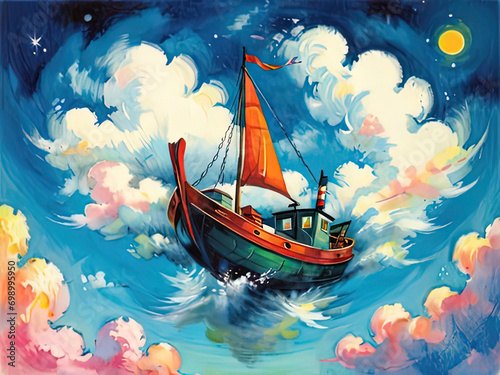painting of a boat floating in the ocean with a moon in the sky
