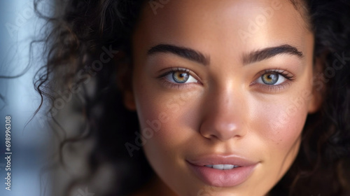 Beauty close up portrait of a young mixed woman with healthy glowing skin