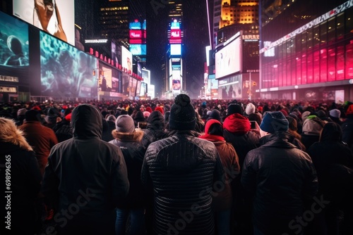 Crowds of people at Times Square in New York, USA. Times Square is a major commercial intersection and entertainment area in Manhattan, A crowd waiting for the ball drop at Times Square, AI Generated © Iftikhar alam