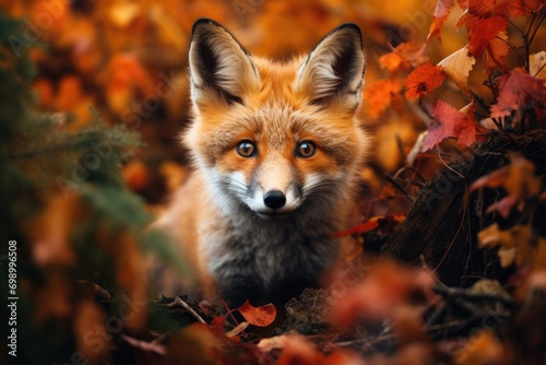 Red fox in the autumn forest. Beautiful red fox in the autumn forest, A curious fox peeking out of an autumn forest, AI Generated © Iftikhar alam