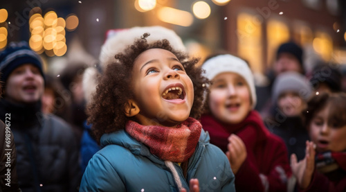 children and parents singing carols at a christian mass a street photo