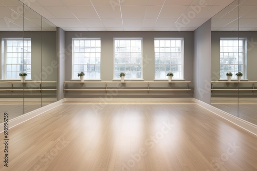 modern bright interiors empty room 3D rendering illustration computer generated image, A dance studio with a sleek barre and wide mirrors, AI Generated