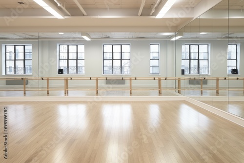 interior of a modern dance hall with wooden floor and white walls, A dance studio with a sleek barre and wide mirrors, AI Generated