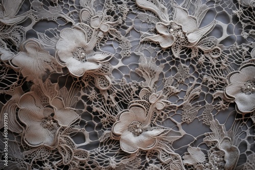 Close up detail of beige lace fabric with flowers on it, A delicate and intricate texture of lace, AI Generated