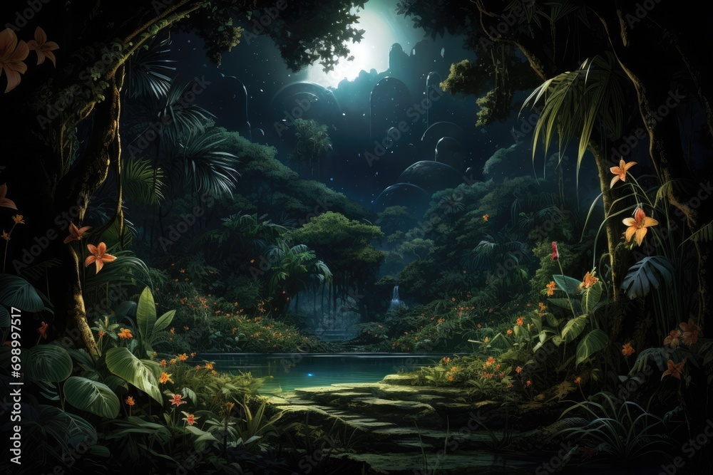 Fantasy landscape with magic forest and lake - illustration for children, A dense tropical rainforest with exotic plants and glowing fireflies, AI Generated