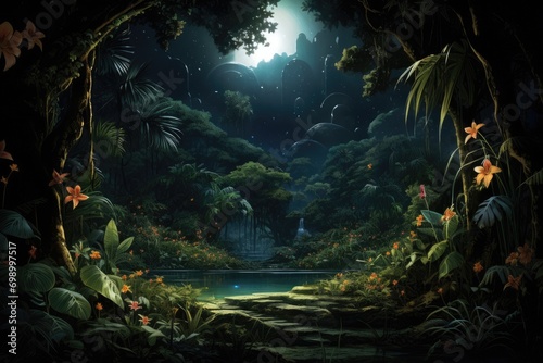 Fantasy landscape with magic forest and lake - illustration for children  A dense tropical rainforest with exotic plants and glowing fireflies  AI Generated
