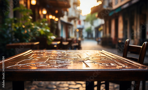 extreme closeup, low angle shot of cafe tabletop in an italian street