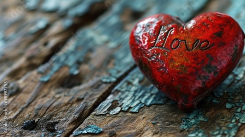 Un cœur rouge rustique sur une table en bois vintage
