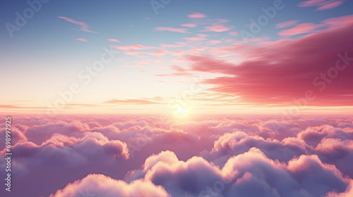 a view of a sunset over a cloud filled sky with a plane flying in the distance. Sunset, sunrise, sky with clouds at twilight,  photo