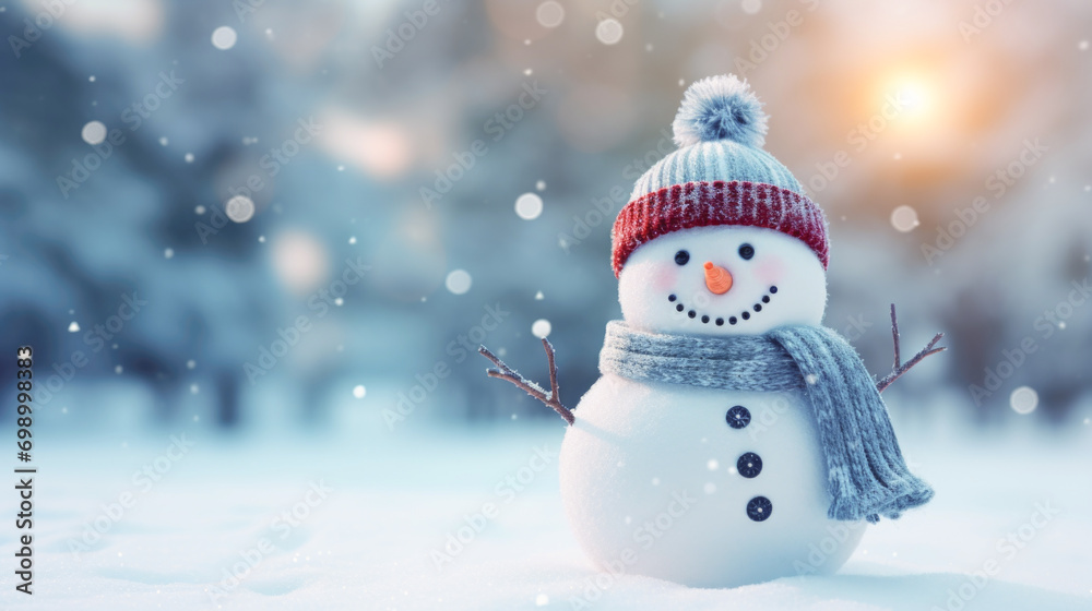 Frosty snowman amidst wintry backdrop, seasonal joy and charm. - obrazy, fototapety, plakaty 