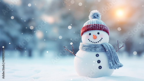 Frosty snowman amidst wintry backdrop, seasonal joy and charm.