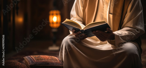 Man devoutly reads Quran, spiritual reflection and reverence shown. photo