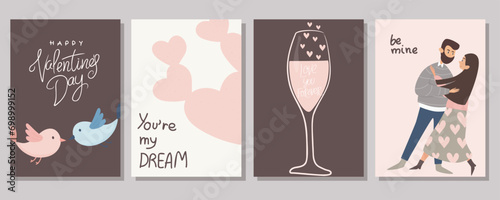 A set of postcards for Valentine's Day. Cute illustrations. Couple in love. Cute elements for holiday cards 