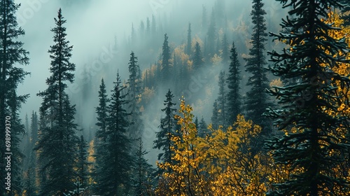 the land of pine trees, rain forest, mist, autumn fog