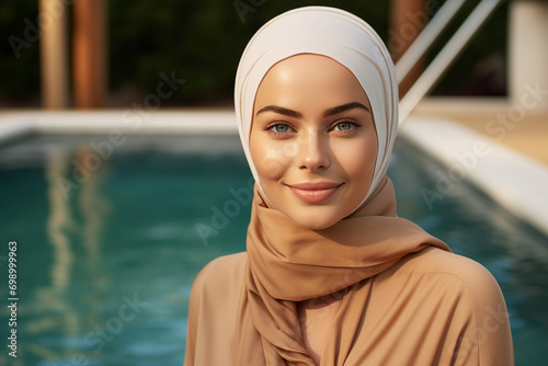 Generative AI technology conceptual picture Young confident arabian asian muslim woman in abaya hijab photo